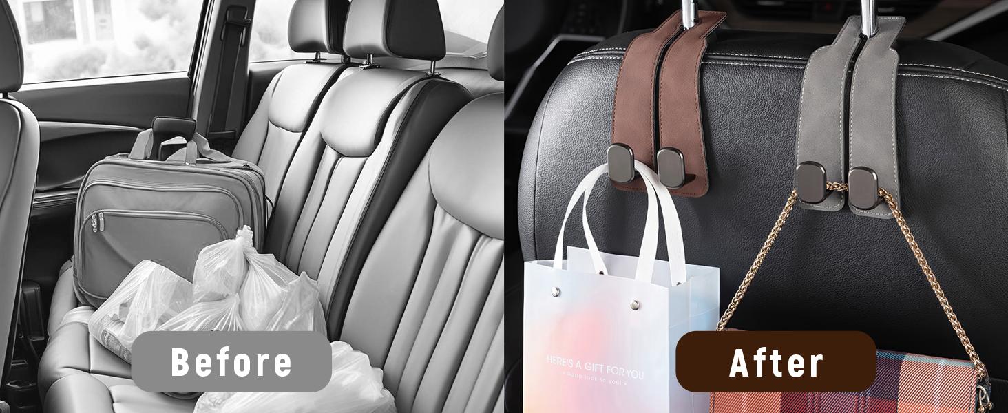 Before and after: cluttered seats vs. bags hanging neatly on the hooks